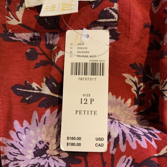 Anthropologie Maeve Puff-Sleeve Red Floral Midi Dress Size 12P - Picture 7 of 9